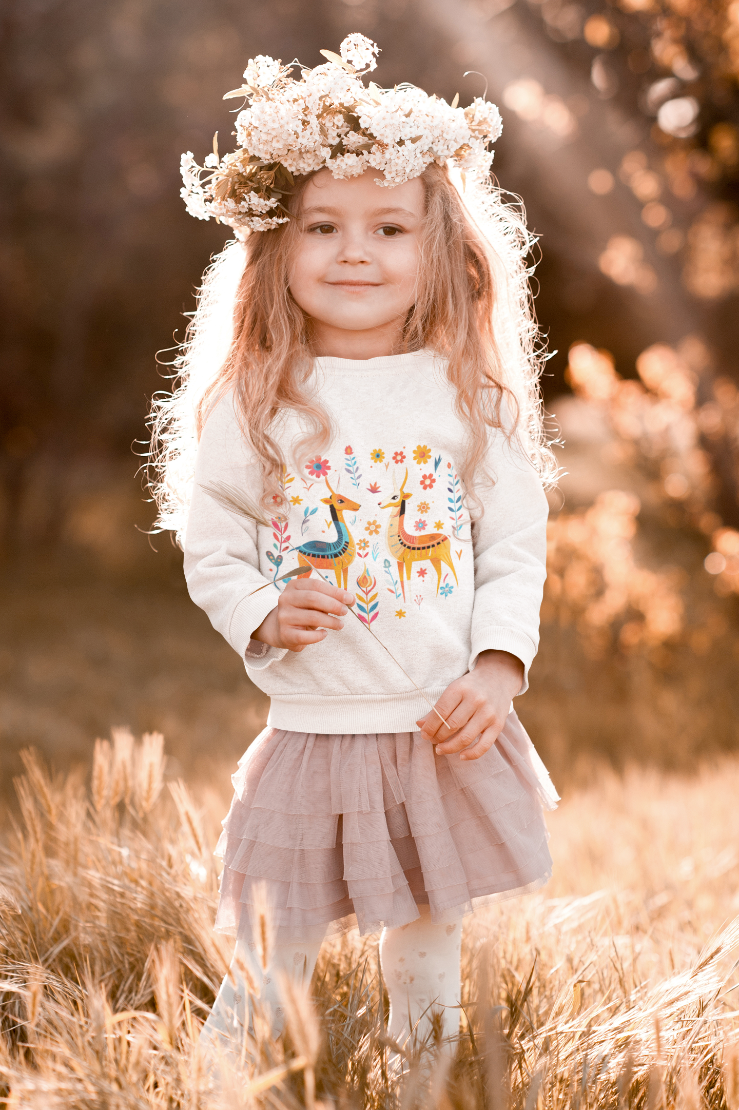 Girl in a sunny field, wearing a sweater with the cheerful gazelles design