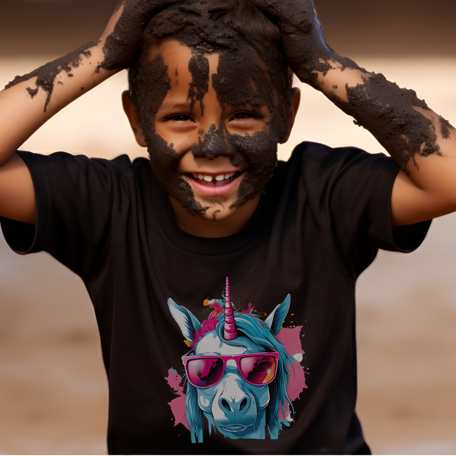 Boy playing in mud wearing a t-shirt with an urban unicorn design